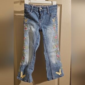 Vintage Girls Size 5 Bongo Embroidered Blue Jeans With Butterflies And Flowers